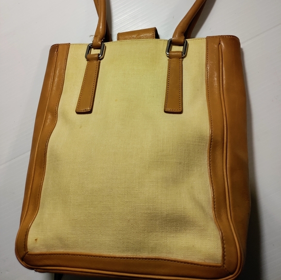 VINTAGE COACH 9429 BONNIE BUCKET LINEN LEATHER TAN CREAM SHOULDER BAG - Picture 3 of 13